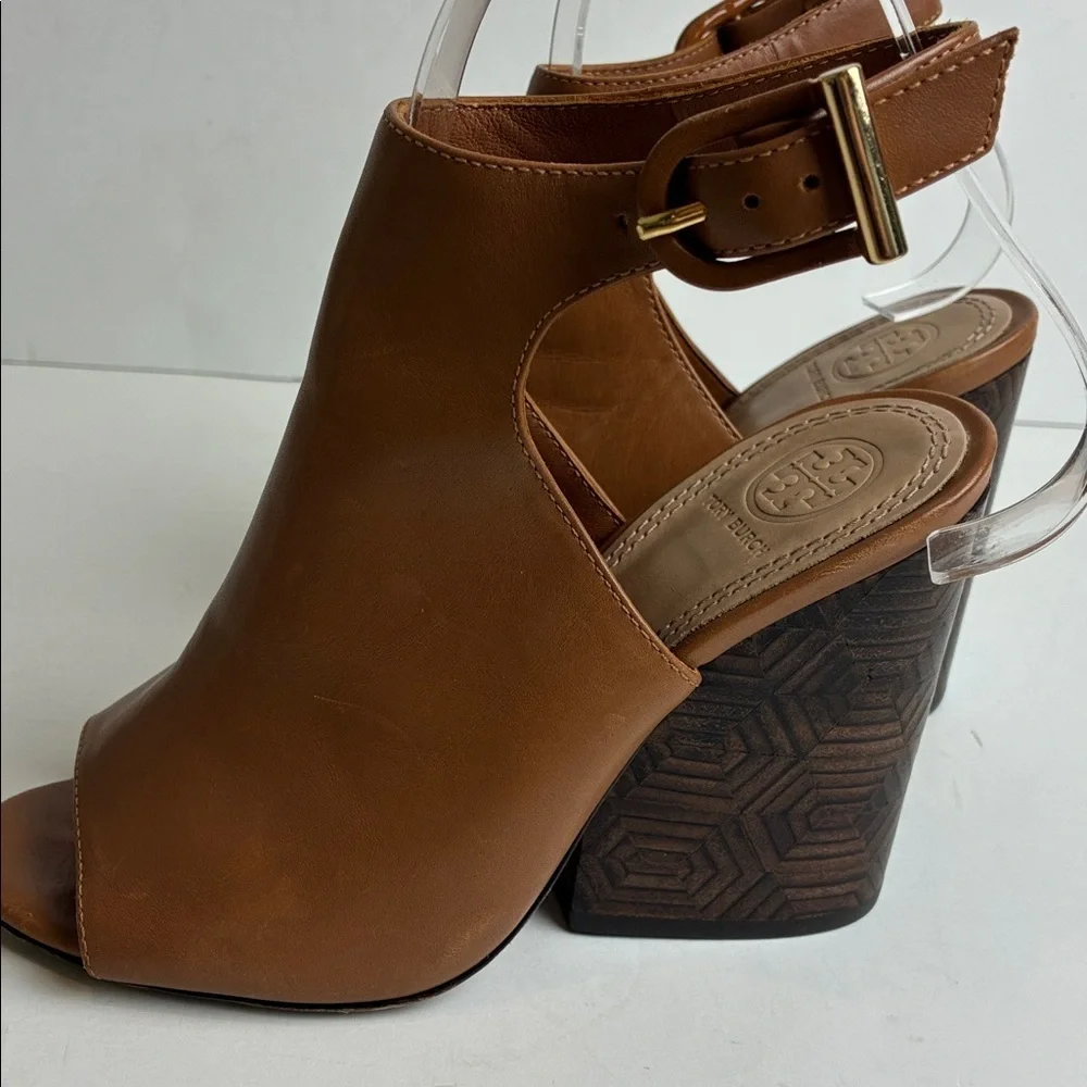 Tory Burch Grove Open Toe Bootie Sz 5 Royal Tan Wood Detail Heel Designer Luxury